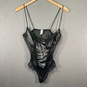 Vintage Black Sheer Satin‎ Lace Teddy Bodysuit Lingerie Womens Size Medium
